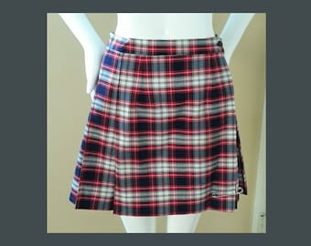 Classic Cycle Skirt Kilt in Red, White and Navy Plaid. School Girl Chic with a Silver Metal Kilt Pin Made in USA! Woman Size Medium