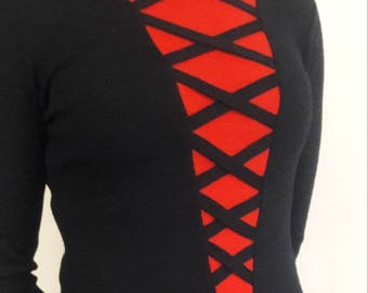 Vintage 1980's Andrea Jovine Fitted Black & Red Sweater Dress New Wave Fabulous-American Small