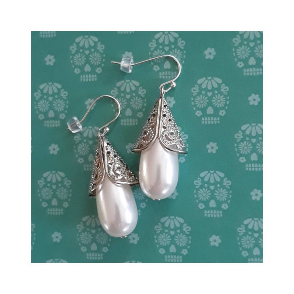 Step Into Elegance! Large Pearled Lucite Drop Earring Set with Silver Filigree Accenting & Sterling Earwires