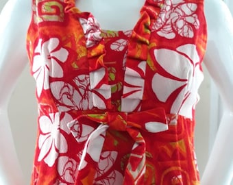 Vintage 1960's Citrus Floral with Geometric Print Barkcloth "Aloha Authentic Hawaiian Originals" Maxi Dress- Small