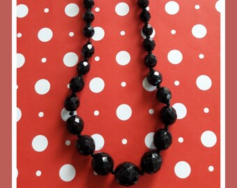 Vintage 1950's Jet Black Faceted Beads Restrung in Single Necklace Strand!