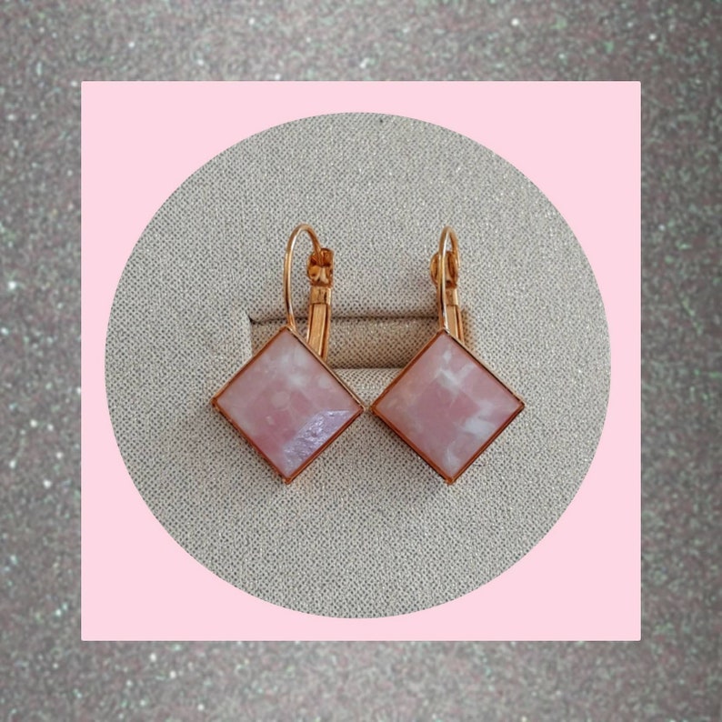 Mid Century Style Pink and White Faceted Cabochon Earring Set in Goldtone Metal French Lever Setting Pretty Cool in Pink