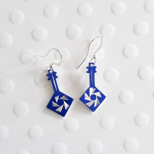 Feel the 80s Music! Vintage Royal Blue and Silver Electroplate Starburst Guitar Charm Earring Set- Fierce!