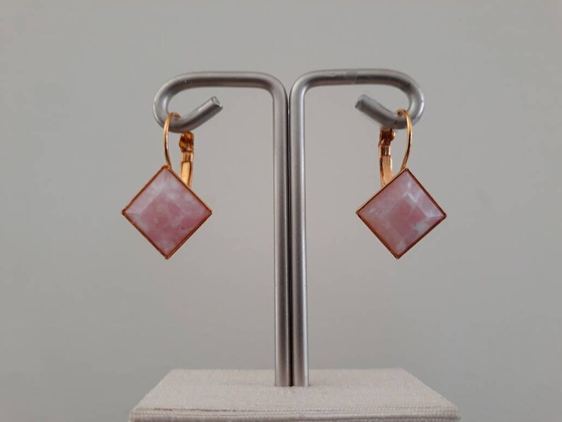 Mid Century Style Pink and White Faceted Cabochon Earring Set in Goldtone Metal French Lever Setting Pretty Cool in Pink