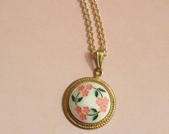 Aloha! Let's See What's Growing in the Mid Century Garden. Delicate White & Pink Blossom Charm Necklace with Gold Plated Necklace- Exotic