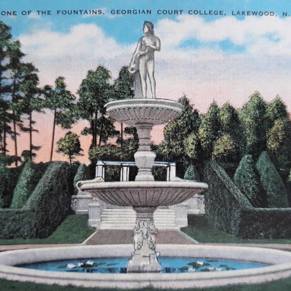 Unused Vintage 1950s Linen Postcard of One of the Fountains, Georgian Court College, Lakewood, New Jersey