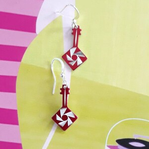 Feel the 80s Music! Vintage Red and Silver Electroplate Starburst Guitar Charm Earring Set- Fierce!