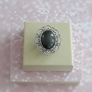 It Was a Dark & Glamorous Evening. Silver Metallic Cabochon Cocktail Ring with Silver Filigree Band- Adjustable Sizing