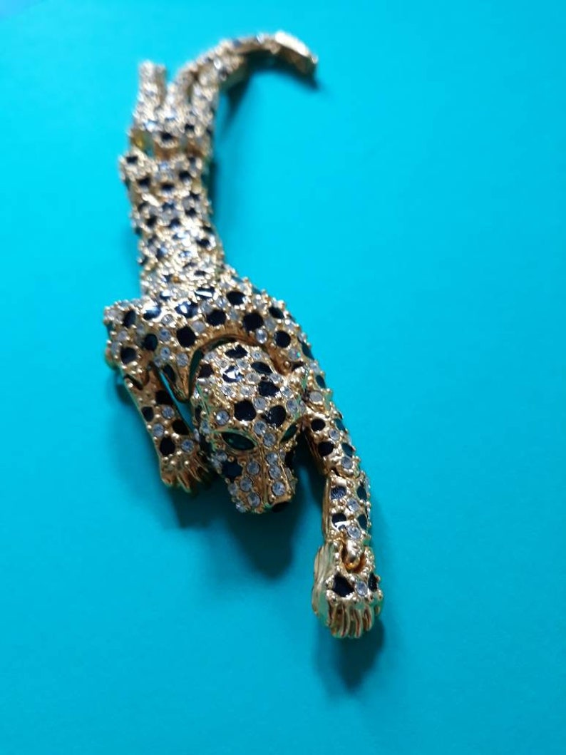 Large Vintage Articulated Rhinestone Shoulder Brooch in White Who Cares Can a Leopard Really Change His Spots Gold Leopard Design Black