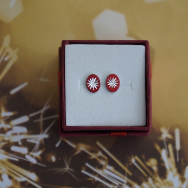 Red Hot Red! Starburst Stud Earring Set in Red and Silver- Vintage Mid Century Atomic Style