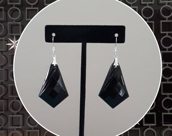 Mad Men Modern- Large Black Faceted Drop Earrings with Hollywood Regency Glamour & Art Deco Decadence!