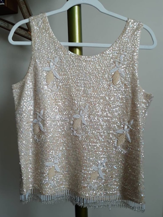 Exquisite 1950s Beaded Wool Shell Top in Cream an… - image 3