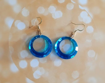 Beautiful in Blue! Sapphire Multi Faceted Mid Mod Hoop Charm Earring Set Handmade with Atomic Style and Golden Accents