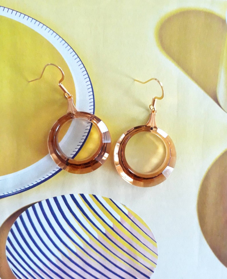 Multi Faceted Mid Mod Hoop Charm Earring Set Handmade with Atomic Style Holy Smokes It/'s Smokey Topaz