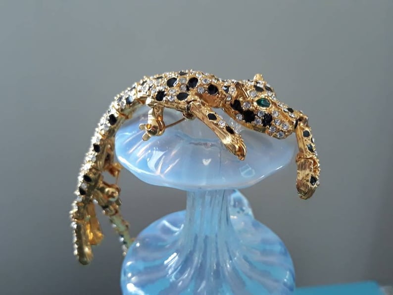 Large Vintage Articulated Rhinestone Shoulder Brooch in White Who Cares Can a Leopard Really Change His Spots Gold Leopard Design Black