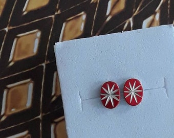Swanky Scintillating Style!Starburst Stud Earring Set in Red and Silver- Vintage Mid Century Deadstock