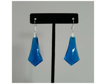 Sapphire Blue Art Deco Drops! Large Scale Blue Lucite Faceted Drop Earring Set with Silver Accents- A Mid Century Moment!