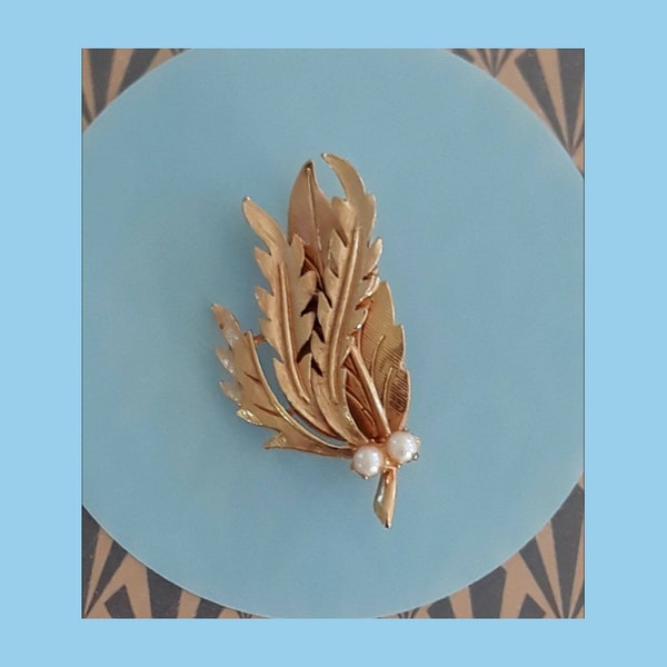 Gorgeous Golden and Pearled Mid Century Brooch- Classic 1950s Style