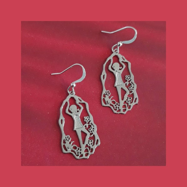 Mod Mary! Charmingly Modern Silver Filigree Charm Earring Set with a Girl Dancing in the Garden Design