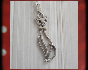 Mee-Yow, Baby! A Bow Tied Silver Cat Charm Necklace on a Sterling Silver Plated Chain- Purr-Fect Mid Century Charm!