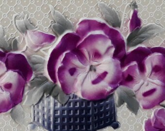 Vintage 1930s Relief Floral Postcard for "A Happy Birthday" in White and Purple Textured Paper- Very Unique Design!