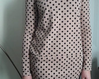 New Wave Polka Dot Tunic! Camel Colored Long Sleeve Fitted Tunic with Black Polka Dot Design- American Small