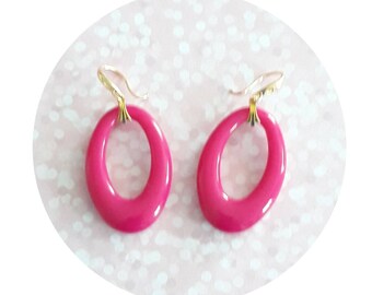 Hot Pink Sizzle! Fuchsia Lucite Hoop Charm Earring Set with Gold Accenting- Pinup Chic Babe