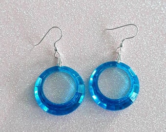 Blue is Beautiful! Multi Faceted Mid Mod Hoop Charm Earring Set Handmade with Atomic Style And Silver Accents