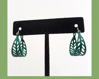 It's a Throwback in Polynesian Perfection! Vintage 1970's Dark Green Enameled Hoop Earring Set with Cutout Design~ Deadstock