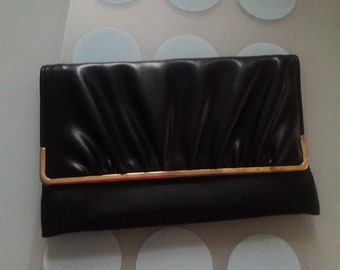 It's Everything- You Ever Wanted in a Clutch! Mid Century Black Leather with Gold Trim Pintucked Large Clutch