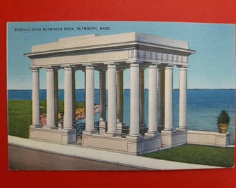 Vintage 1940s Unused Linen Postcard Portico Over Plymouth Rock, Plymouth Massachusetts -Great Condition
