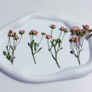 Puede incluir: Una bandeja blanca de forma orgánica contiene varios ramitos de rosas rosas y amarillas secas con hojas verdes. Las flores están dispuestas en una composición visualmente atractiva, mostrando sus delicados pétalos y tallos.