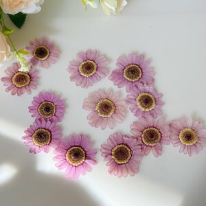 May include: A collection of pink and purple daisy-like flowers with yellow-brown centers. The flowers are arranged on a white surface, with a few additional flowers and greenery in the upper left corner.