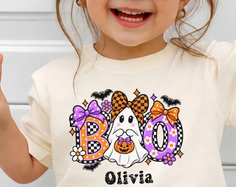 Custom Halloween Girl Shirt Boy Halloween Outfit Spooky Kids Tshirt Cute Checkered Ghost Shirts Fall Kids Tees Halloween Kids Shirt Gift