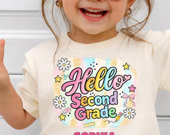 Personalized Hello Second Grade Girls Shirt, Back To School Kids Tee, Custom First Day Of 2nd Grade Gift, Cute Preppy Girl Outfit