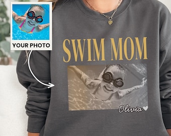 Personalized Vintage Photo Swim Mom Shirt: Comfort Colors Swim Mama Tee With Picture kids Birthday Gift for Mama Custom Swim Meet Sweatshirt