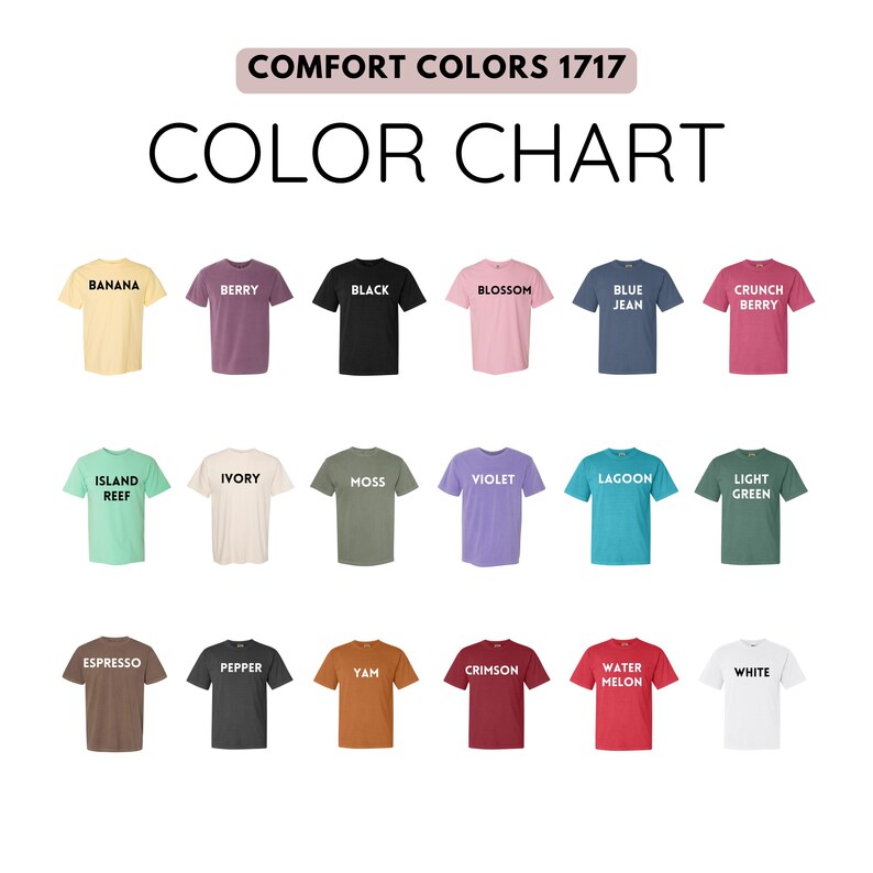 Pu&ograve; includere: Tabella dei colori con una variet&agrave; di magliette in diversi colori. Le magliette sono disposte in righe e colonne, con ogni maglietta che mostra un nome di colore diverso, come "Banana", "Berry" e "Black". Il testo "COMFORT COLORS 1717" e "COLOR CHART" sono in alto.