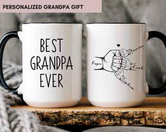 Personalized Grandpa Mug With Kids Names, Fist Bump Mugs, Custom Best Grandpa Ever Coffee Cup for Father's Day, Pops Gramps Birthday Gift