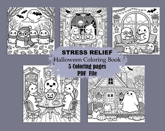 Könnte beinhalten: Fünf Schwarzweiß-Malvorlagen mit niedlichen Geistern in verschiedenen Halloween-Szenen. Der Titel "Stress Relief Halloween Coloring Book" befindet sich oben auf der Seite. Der Text "5 Coloring pages PDF File" befindet sich unter dem Titel.