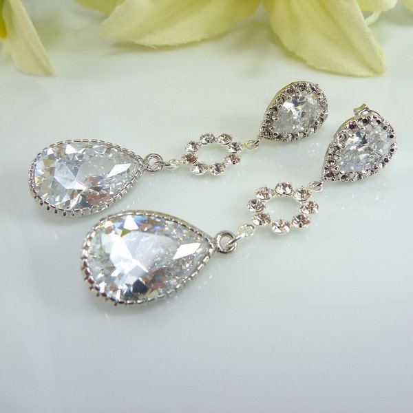 Long Wedding Earrings - Rhinestones and Crystals - Cubic Zirconia Post - Chandelier Earrings