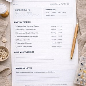 May include: A Daily Long Covid Log form with sections for energy levels, sleep quality, and symptom tracking. Includes a wooden pen, pills, and a digital thermometer. The form is designed to help track symptoms and triggers.