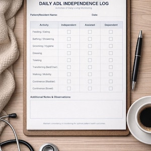 Peut inclure: Un presse-papiers avec un formulaire "DAILY ADL INDEPENDENCE LOG", un stylo, un stéthoscope et une tasse de café. Le formulaire comporte des sections pour les activités telles que l'alimentation, la toilette, avec des cases à cocher pour les niveaux d'indépendance.