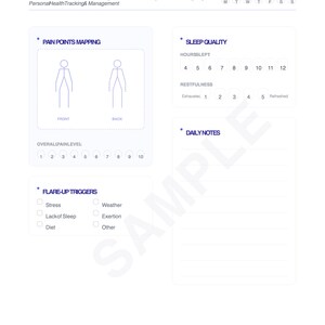 Puede incluir: Un registro diario imprimible digital en blanco para la fibromialgia con texto azul. Incluye secciones para el mapeo de puntos de dolor, la calidad del sueño, notas diarias y desencadenantes de brotes. El documento es tamaño carta de EE. UU.