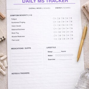 May include: A white "DAILY MS TRACKER" sheet with sections for symptoms and lifestyle. A gold pen, glasses, and a water bottle are on the side. The text "STAY STRONG. KEEP TRACK. RECOVER WELL" is at the bottom.