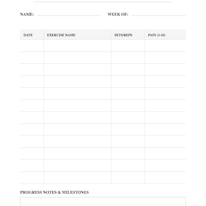 Puede incluir: Un rastreador de terapia de hombro blanco con el título "SHOULDER THERAPY TRACKER" en letras negras en negrita. El rastreador incluye secciones para nombre, semana, fecha, nombre del ejercicio, series/repeticiones, nivel de dolor y notas de progreso.