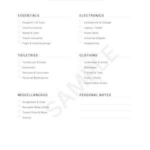 Puede incluir: Una lista de verificación de viaje minimalista con encabezados para Esenciales, Electrónicos, Artículos de aseo, Ropa, Miscelánea y Notas personales. La lista incluye elementos como pasaporte, cargador de teléfono, cepillo de dientes y refrigerios. El texto "TRAVEL CHECKLIST" está en la parte superior.
