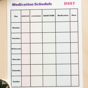 Può includere: Un foglio di carta bianco con una griglia di pianificazione dei farmaci, con il testo "Medication Schedule" e "DAILY". La griglia include colonne per "Giorno", "Mattina", "Pomeriggio", "Notte", "Farmaco" e "Dose".