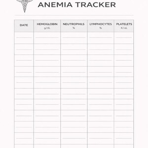 Puede incluir: Una hoja blanca de seguimiento de anemia con un símbolo médico en la parte superior izquierda. El texto "ANEMIA TRACKER" está encima de una tabla con columnas para Fecha, Hemoglobina, Neutrófilos, Linfocitos y Plaquetas.