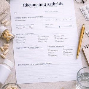 Puede incluir: Un registro diario de síntomas y bienestar de la artritis reumatoide con un reloj, pastillas, un bolígrafo y un vaso de agua. El registro incluye secciones para la intensidad del dolor, las ubicaciones del dolor articular y los medicamentos.