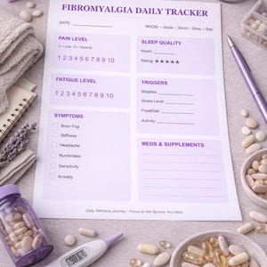 Puede incluir: Una hoja de seguimiento diario de la fibromialgia en morado y blanco, con secciones para el dolor, la fatiga y los síntomas. La imagen incluye un termómetro, pastillas, una vela y un organizador semanal de pastillas. El texto dice "Daily Wellness Journey - Focus on the Spoons You Have."